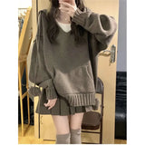 Lazy All Macth Harajuku Knitted Hoodies Solid Y2k Aesthetic Loose Japan Punk Vintage Pleated Skirts Loose Sweaters Two Piece Set