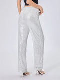 Pbong  Women Sequin Wide Leg Pants Stretchy High Waist Loose Straight Trousers Club Party Elegant Long Pants Streetwear