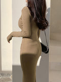 Khaki V-Neck Long-Sleeve Split Maxi Dress