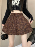 Pbong  Y2K Leopard Mini Skirt Women High Waist Faux Suede Fabric A Line Skirts Streetwear Fall Winter Loose Vintage Sexy Skirts