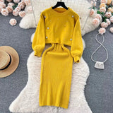 Pbong  Autumn Winter Slimming Knitted Sweater Dress Set Women's Mid-Length Base Layer Knee-Over Bottoming Dresses Fashionable