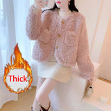 Pink Sweet Faux Lamb Coat Women Winter Warm Long Sleeve Chic Short Coat Korean Elegant Female O Neck Cute Thick Outwear New