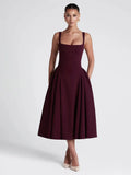 Women's Elegant Solid High Waist Pleated Long Dress Fashion Square Neck Sleeveless A-line Dresses Vocation Beach Streetwear