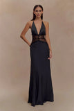 2025 Summer Backless Sexy Maxi Dress Women White Black Gown Lace Patchwork Halter Deep V Neck Sleeveless Party Club Long Dresses