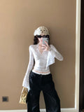 Women's Long Sleeve Lace Top V-neck Flared Sleeve Sheer Lace Crop T-shirt Teen-girl Coquette Fairycore Y2K Outfit