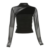 Pbong  Women Korean Fashion Sexy See Through Mesh Patchwork Basic T-shirt Office Lady Black Elegant Long Sleeve Slim Tops