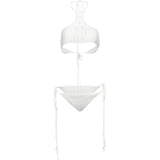 Sexy Crochet 2 Piece Set Women Hollow Swimsuit Halter Mini Camisole+Bandage Panties Matching Club Beach Vacation Suit