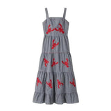 Pbong  Hit Color Embroidery Dresses for Women Square Sleeve Sleeveless High Waist Temperament Dress Female Style