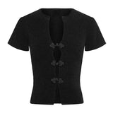 Pbong  Y2K Vintage Open Front Buckles T-shirt 00s Retro V-Neck Short Sleeve Basic Tee Korean Preppy Cute Slim Fit Crop Tops