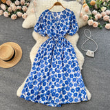 Pbong  Women Dress Fashion Romantic Floral Print Drawstring Waist Long Summer Dress Vacation Korean Party Vestidos