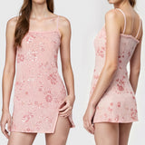 Pbong  Women Summer Flower Sequins Embroidery Ruffles Square Neck Sleeveless Bodycon High Split Short Cami Dress with Scarf