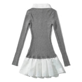 Turn Down Collar Pleat Short Dress Fashion Chic A-line Knitting Women Dress Cotton Blend Student School Dress Academic Style