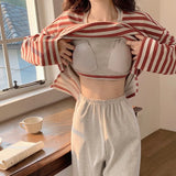 Pbong  Spring New Arrived Pajamas Set Women Comfort Cotton Stripe Long Sleeve Tops With Chest Pat Long Trousers Ladies Pullover Pjs Set