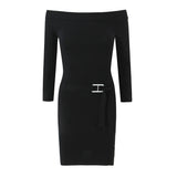 Pbong  Sexy Off Shoulder Striped Knit Package Hip Dress For Women Long Sleeve With Belt Bodycon Mini Dresses New Autumn Robe