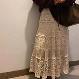 Korean Fashion Skirts Gentle Heavy Industry Vintage French Hollow Out Hook Flower Design Knit Skirt Vintage A-line Skirt
