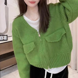 Women's Zip Up Knit Cardigan with Pocket V-neck Zipper Front Crop Sweater Jacket Female Teen-girl Autumn Winter Y2K Outfit