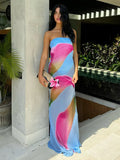 Floral Print Strapless Sexy Maxi Dress For Women Gown Patchwork Off-shoulder Backless Sleeveless Print Long Dress