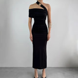 Pbong  Sexy Backless Shoulder Maxi Dress for Women Summer Dresses New Skinny High Waist Solid Neck Hanging Dress Woman Clothing