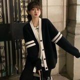 Varsity Cardigan Sweater for Women Long Sleeve V-Neck Button-up Knit Slouchy Cardi Korean School-girl Preppy Fall Winter Outfit