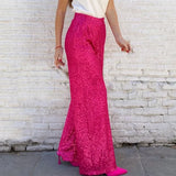 Pbong  Women Sequin Wide Leg Pants Stretchy High Waist Loose Straight Trousers Club Party Elegant Long Pants Streetwear