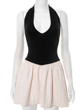 Halter V Neck Sexy Mini Dress Women Patchwork Contrast Colors Sleeveless Backless High Waist A-line Club Dress