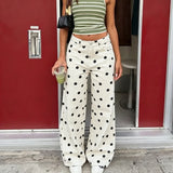 Pbong  Women Polka Dot Wide Leg Jeans High Waisted Loose Fit Straight Leg Denim Pants Y2K Retro Trousers Preppy Streetwear