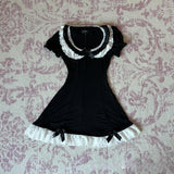 French Elegant Sweet Constrast Color Lace O Neck Short Sleeve Dress Harajuku Y2k Slim Bow Appliques Short Dress Harajuku Clothes