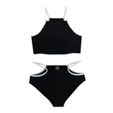Pbong  New Solid Color Split Bikini Women High Waist Covering Black White Contrasting Swimsuit Spicy Girl Hollow Hip Vacation Swimwear