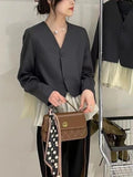 Pbong  Y2k Women Clothing V Neck Korean Coat Long Sleeve Elegant Patchwork Tops Ruffles Chic Temperament Loose Jackets