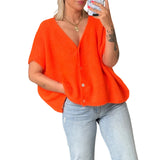 Pbong  Women's Y2K Basic Loose Fit Short Sleeve Knitwear Cardigan Solid Color Button Down Deep V-Neck Lightweight Sweaters
