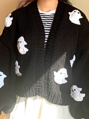 Gothic Halloween Ghost Embroidered Loose Sweater Women's  Autumn Winter Warm Kawaii Long Sleeve Cardigan Sweater