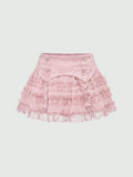 Pbong  Valentine's Day Gothic Jacquard Mesh Lace Patchwork Cake Hem Women Low Waist Mini Skirt