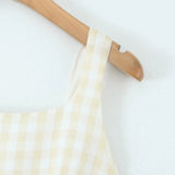 Pbong  Sexy Yellow White Plaid Square Collar Sling Midi Dress Women Cross lacing Up Back Low Waist Ruched Swing Tank Dresses Robe