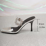 Pbong  Luxury Rhinestore Buckle Stiletto Heeled Sandals Women Pvc Transparent Super High Heels Sandalias Sexy Square Toe Party Shoes