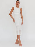 Mesh Backless Ruffle Sexy Maxi Dress Women Gown Two Layer Fabric Fashion Sleeveless Ruched Bodycon Club Long Dress