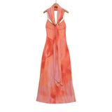 New Women's Fashionable Backless Design V-neck Thin Strap Printed Scarf Decorated Long Dress Elegant Gentle Style Casual