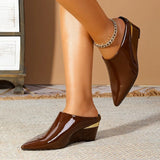 Pbong  New Designer Wedge Sandals Woman Luxury Patent Pointed Toe Heeled Slippers High Quality Mules Shoes Big Size 43