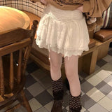 Sweet Coquette Short Skirt Women Bow Kawaii Ruffle Mini Skirts Lace Patchwork White A-line Layered Skirt Aesthetics