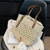 Bohemian Straw Tote Bag with Brown Faux Leather Straps Inner Pouch Spacious Woven Shoulder Purse for Vacation Casual Outings