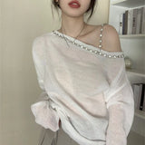 Pbong  Knitting Pullovers Women's Clothing Sexy Slash Neck Tunic Jumper Off Shoulder Diamond Sweater Y2k Tops Korean Chic