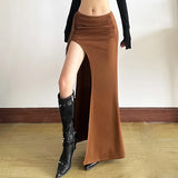 Pbong  Vintage Fashion Solid High Waist Long Skirts E-girl Grunge Tassels Pleat Irregular Skirt Women Streetwear Y2K Bottoms