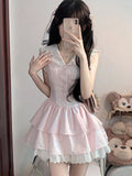 Pbong  Sweet Slim Pink Dress Women Cute Preppy Style Sailor Collar Mini Dress Casual Retro Japan Lace Patchwork Kawaii Cake Dress
