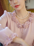 Elegant 3D Floral Blouse Women Vintage Sweet O Neck Long Sleeve Shirt Fall French Retro Casual Female Ruffles All Match Pink Top