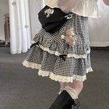 Kawaii Plaid Women Short Skirt Lolita Ruffle Japanese Style Lace Bow Mini Skirts Cutecore Sweet Pleated Preppy Skirt