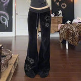 Euramerican Spice Woemn Star Hot Diamond Print Casual Pants Y2k Spliced Low Waist Drawstring Trousers Harajuku Velvet Flare Pant