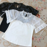 Pbong  Japanese Lolita JK Blouse Women Puff Sleeve Patchwork Shirts Sweet Kawaii Bow Blouses Hollow Out Ruffles Blusas Y2k Aesthetic