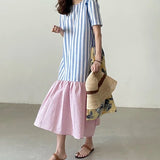 Pbong  Chic round Ne Striped Color Blo Loose Knee-Length Midi Dr Women's Frou Frou Skirt Commute Sle ort Sve Summer Dr