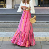 Pbong  Women's Summer Y2K Flowy Boho Vintage Aesthetic Printed Ruffled Hem Tassels Drawstring Waist Flowy A-Line Long Skirts
