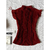 Pbong  Elegant Wine Red Stand Collar Shirt Women's Summer New Style Slimming Versatile Beautiful Patchwork Polyester Fiber Pure...