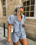 Summer Loose Plaid Shorts Suit Women Fashion V Neck Hollow Out Lace Up Shirt 2 Pcs Sets Spring Chic Female Street Outfits